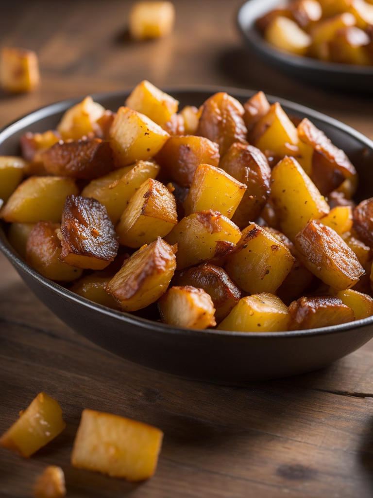 fried potatoes with juicy fried meat on a wooden background