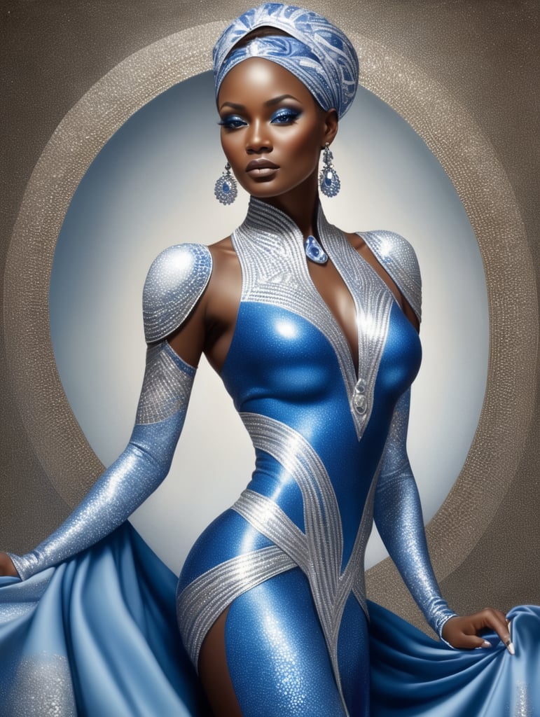 a ed woman in blue and silver looks like she has some white on, in the style of nene thomas, enoch bolles, dark silver and brown, pointillist optical illusions, african influence, hyper-realistic water,
