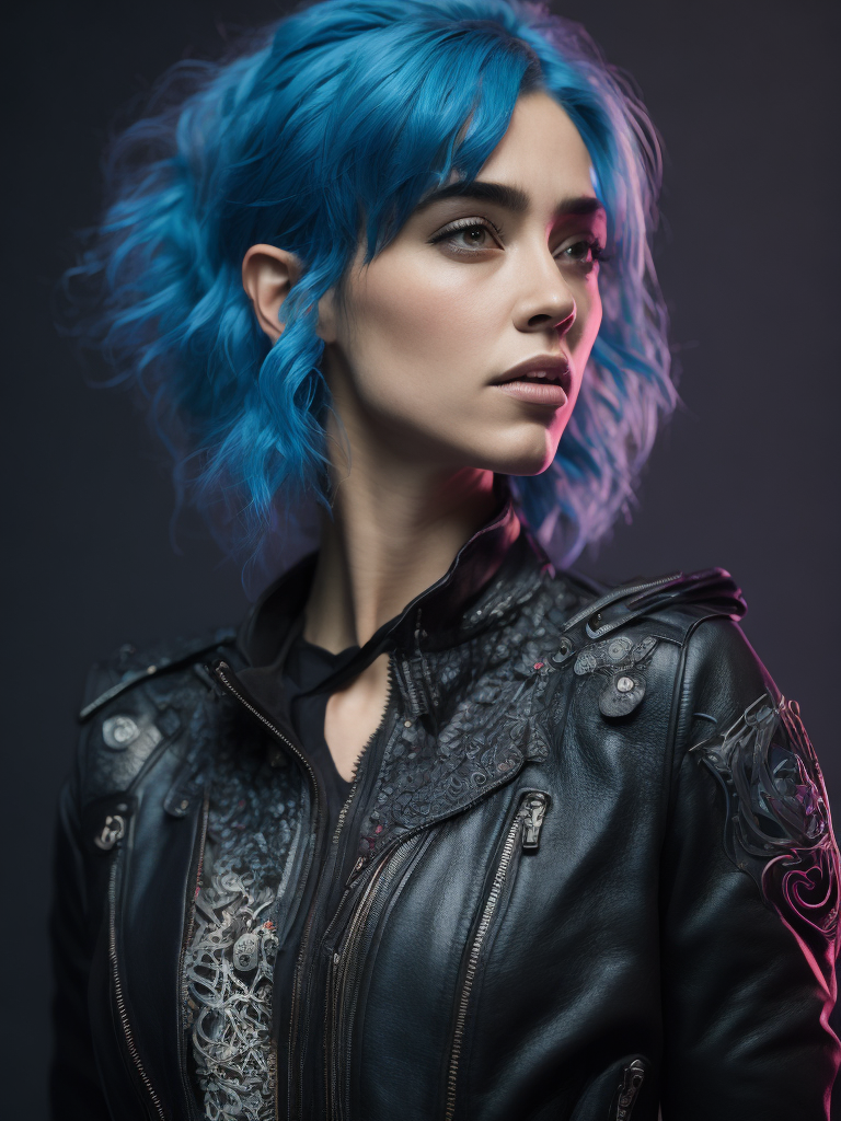 official art, unity 8k wallpaper, ultra detailed, beautiful and aesthetic, masterpiece, best quality, (zentangle, mandala, tangle, entangle), 1girl, extremely detailed, dynamic angle, elegant, atmospheric, ecstasy of life, mechanical arm, neon lights, (black leather pants), (black leather jacket:1. 3), midriff, l, (short messy blue hair:1. 6),