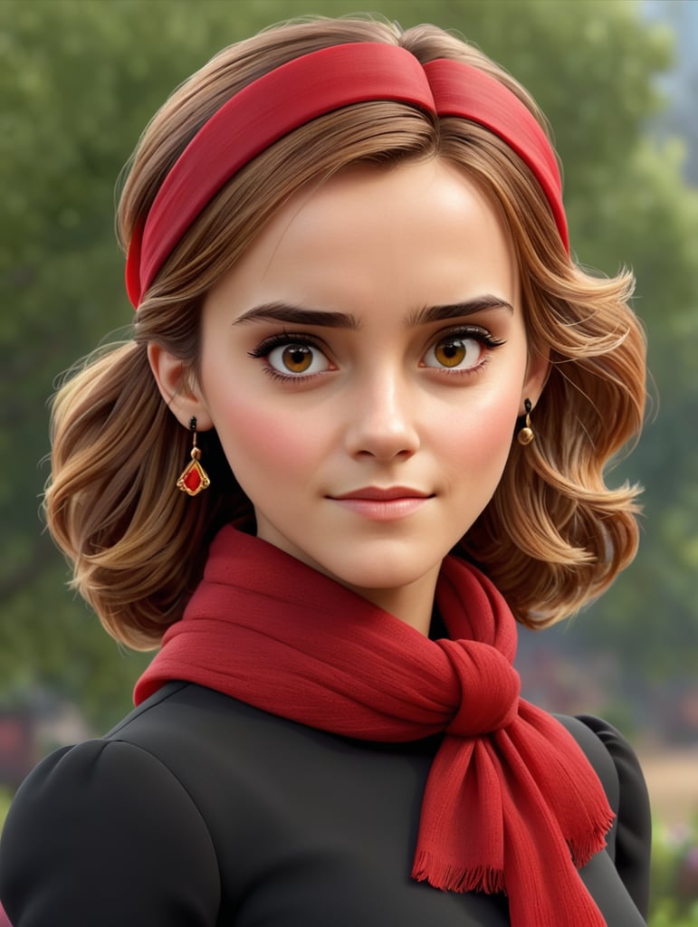 Portrait of Emma Watson wearing black blouse with red scarf, ultra realistic