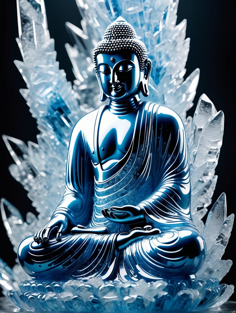 Highly detailed shot of an blueish ice sculpture in the shape of a buddha, full-body shot, dramatic shattering ice background, full motion effects, diagonal view, ice crystal particles everywhere, back light, ultra sharp focus, high speed shot, subtle color, Bioluminescence, high quality