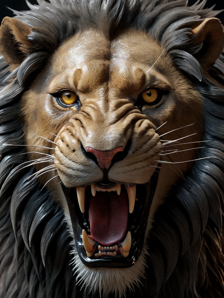 Create a polycarbonate angry lion real with eyes, and black hairs looking in front of the camera and roaring in 3d