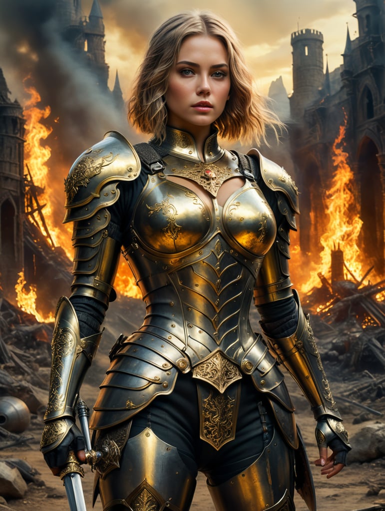 full length body, perfect chest size C cup, perfect medium butt, slim girl model wearing medieval gilded armor and sword, short gold straight hair, heroic expression, dream light, dream effect, post apocalyptic landscape with fire in the background