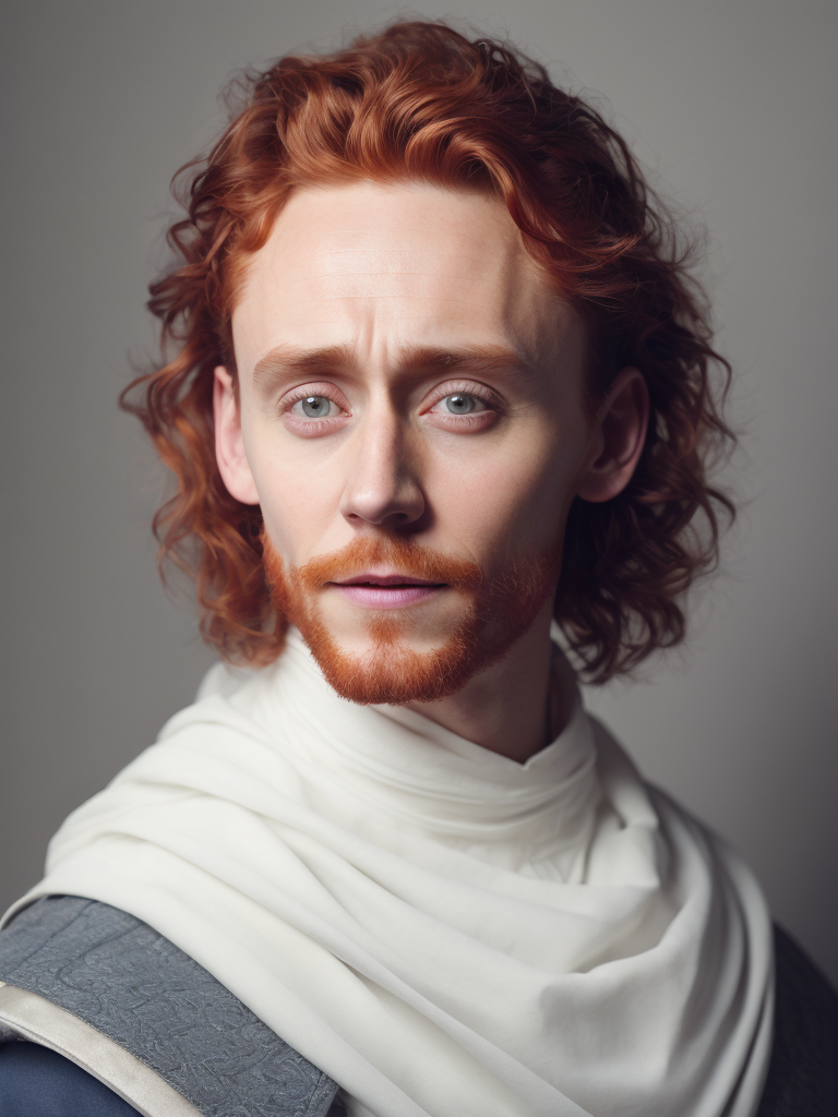 Portrait of Tom hiddleston with red hair in medieval style, detailed face, contrasting light