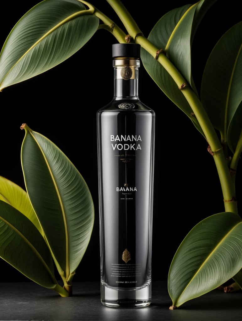 Tall minimalist glass banana vodka bottle design with a texture of closely spaced vertical lines with vibrant colors for a luxury matte black perfume with a shape inspired by vodka bottles. On a dark gray background. Packaging and branding for a banana vodka brand, a set design with banana, and banana leaves.