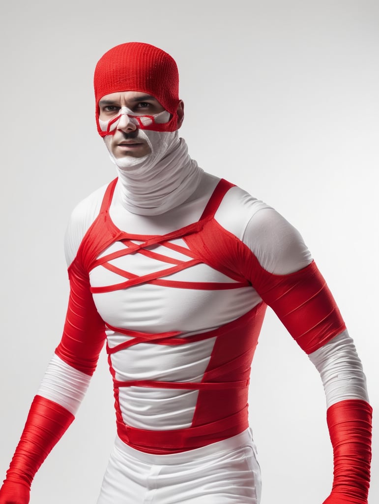 A photograph of man covered in red bandages with realistic style, halloween costume, white background, full body, show hands, show neck and head