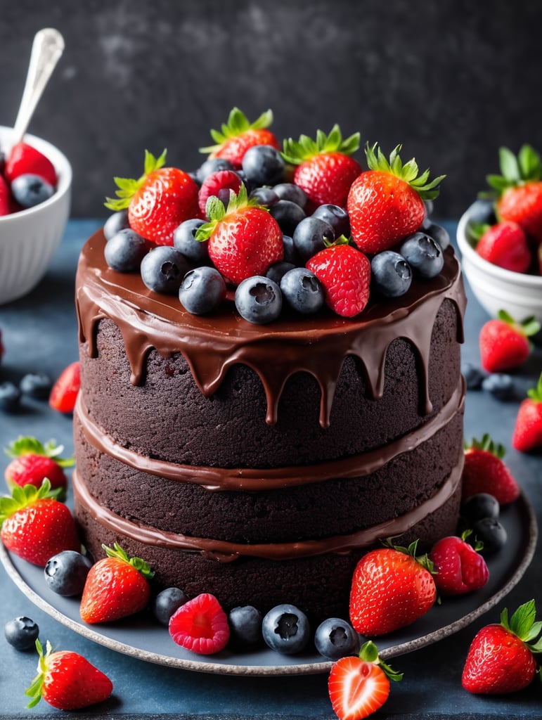 Fudge cake with chocolate icing topped with berries 3 layer chocolate fudge cake with strawberries blue berries and raspberries
