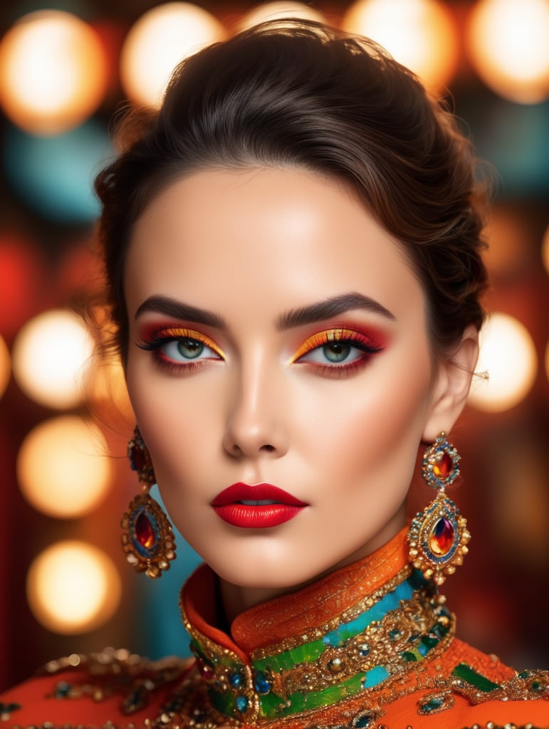 Portrait of Elizabeth Tabish, bright and saturated colors, elegant, highly detailed, vogue, fashion magazine, sharp focus, bright expressive makeup, dramatic lighting, depth of field, incredibly high detailed, blurred background