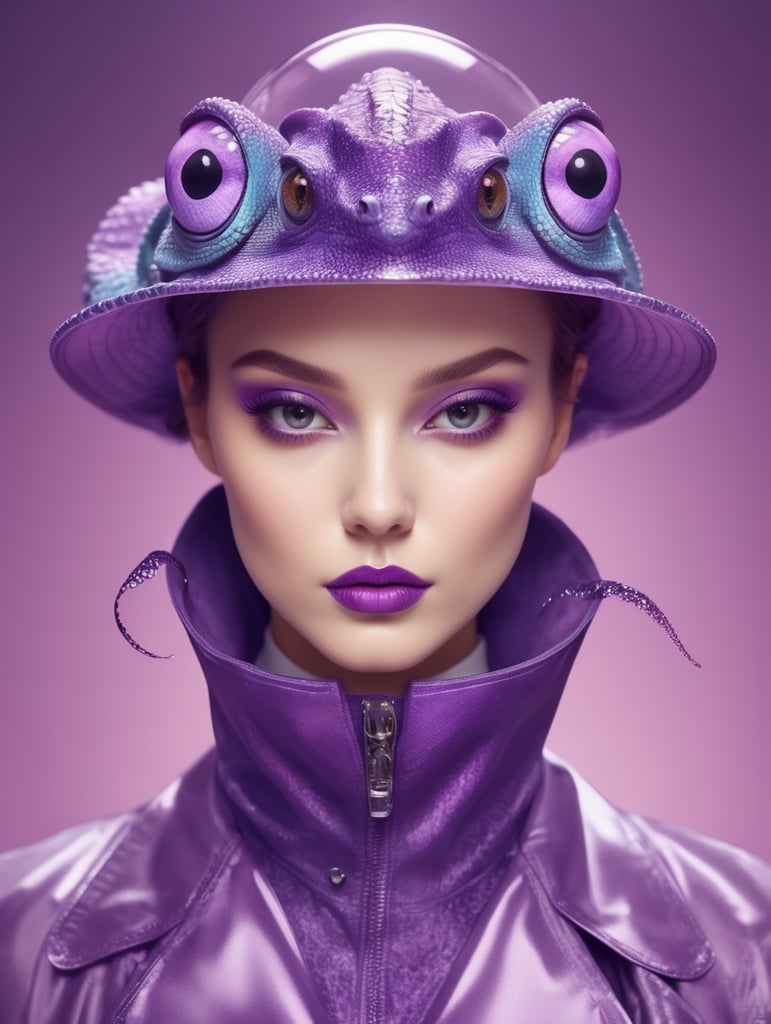 Purple chameleon in the style of clear neo-pop illustrations in stylish clothes, mysterious characters, bright close-up