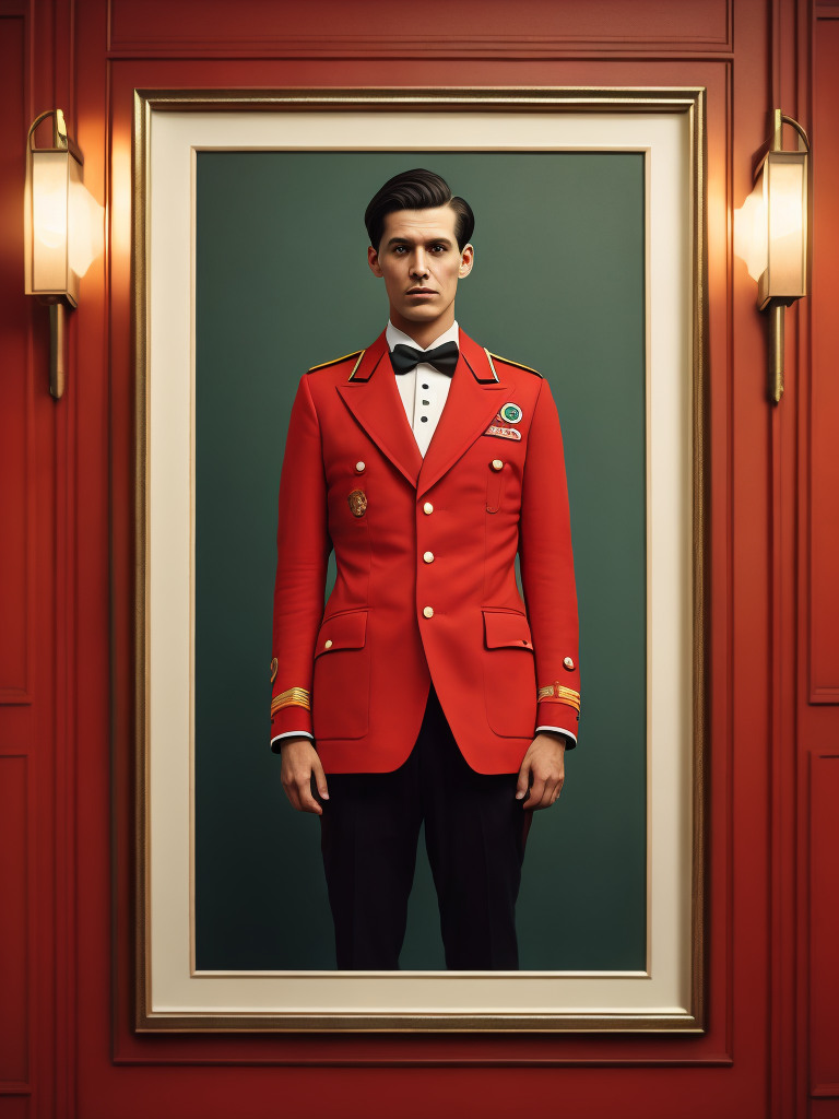 Vintage Portrait of hotel porter, Red uniform, Wes Anderson style, Incredibly high detail, Bright colors