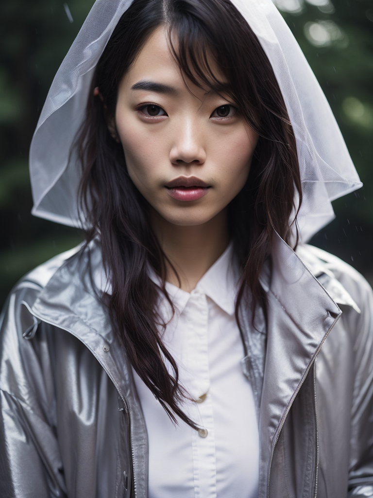 Portrait of Kaori from akira wearing transparent raincoat, rainy neo tokyo photoshoot, cyberpunk, Vivid saturated colors, Contrast light, studio photo, professional photo, Detailed image, detailed face