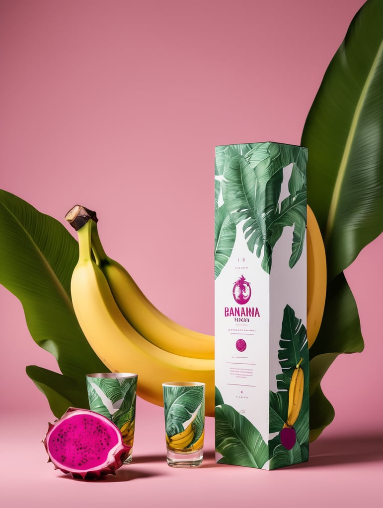 Packaging and branding for a banana vodka brand as if it had been designed by HI ESTUDIO with In a set design with banana, dragon fruit and dry banana leaves.