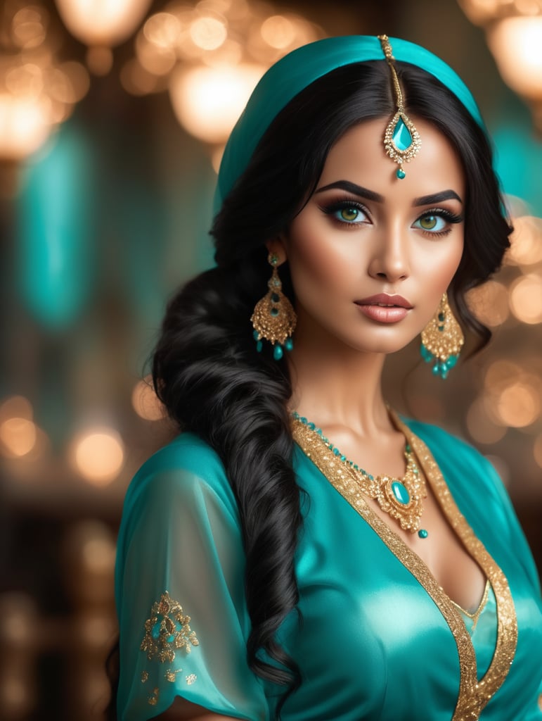 Stunning Princess Jasmine, 8k photo, cinematic style, subdued dramatic light, blurred bokeh background, translucent chef's turquoise outfit decorated with gold, large beautiful eyes with eyeliner, long black thick hair
