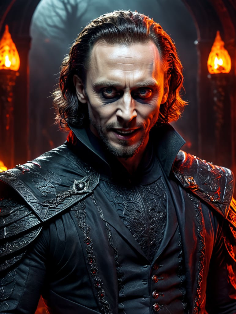 Tom Hiddleston wearing spooky Halloween costume,Sinister Makeup, dynamic pose, saturated colors, Spooky theme