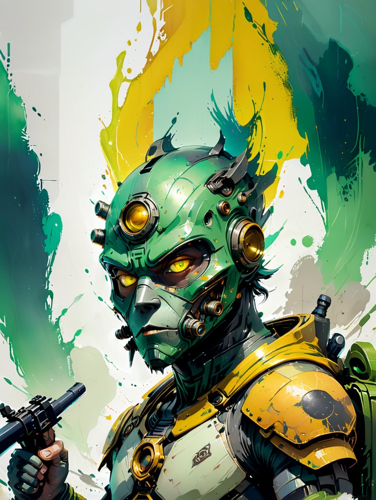 kyuzo species, science fiction, green alien character, yellow eyes, shield as hat, breathing mask, blaster rifle, wearing log robes over light armor