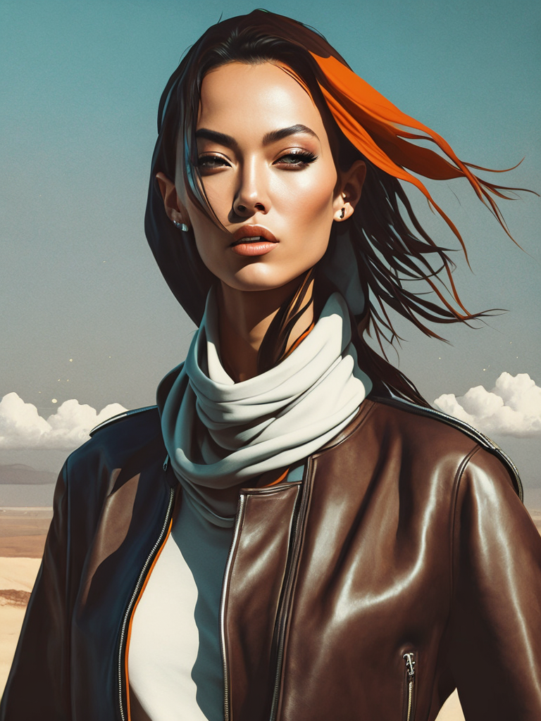 Ultra hd! realistic! helmut lang, fashion photoshoot, futuristic, beautiful face, female posing, chrome outfit, surreal landscape, photo in 90's fashion style, medium format, fuji superia 400, iso 400, surrealistic, 8k