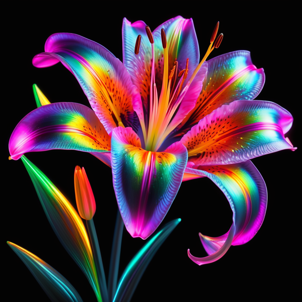 holographic neon lily with a black background