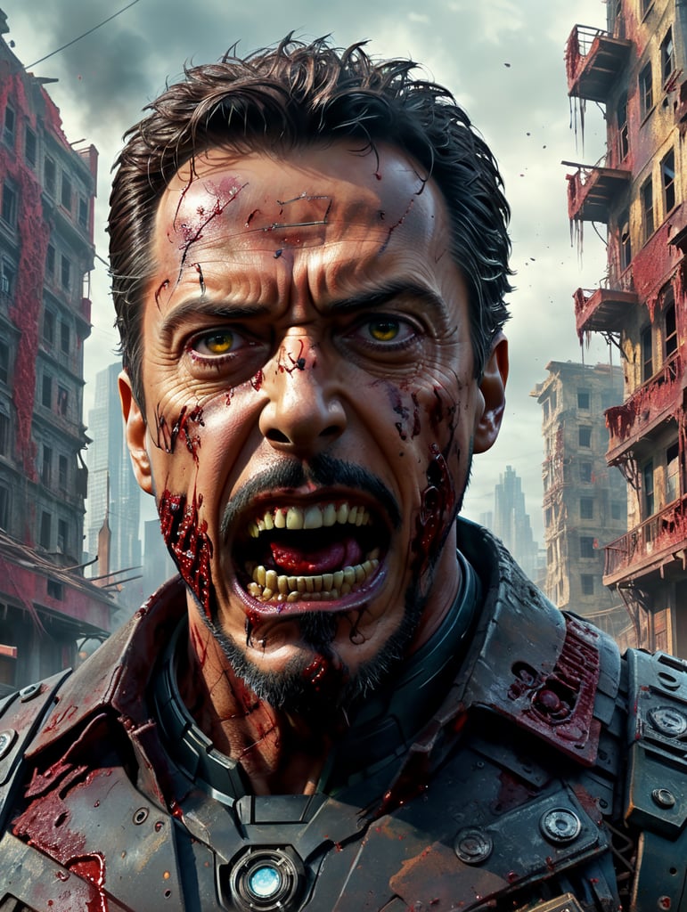 creepy Tony stark zombie with dystopian creepy background crumbling buildings, vivid and contrasting colors, sinister, blood, detail, evil