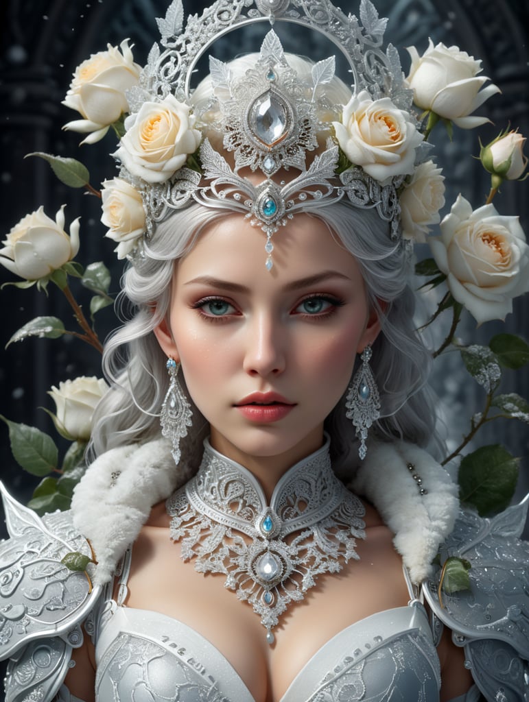 Absolute harmony, Piercing gaze at point-blank range, The Snow Queen, ((((rime)))), (((ornate pattern))), White roses covered with rime, magical, inspired by a fantastical world, crystallized product photography, soft light, volumetric lighting, ultra-detailed photography, grey background, Perfect anatomy. "hibli studio + super high resolution + UHD + HDR + highly detailed + FStop 2. 8 + 150mm lens + high fidelity + studio shot + award winning + ray tracing", epic royal background, big royal uncropped crown, royal jewelry, robotic, nature, full shot, symmetrical, Greg Rutkowski, Charlie Bowater, Beeple, Unreal 5, hyperrealistic, dynamic lighting, fantasy art