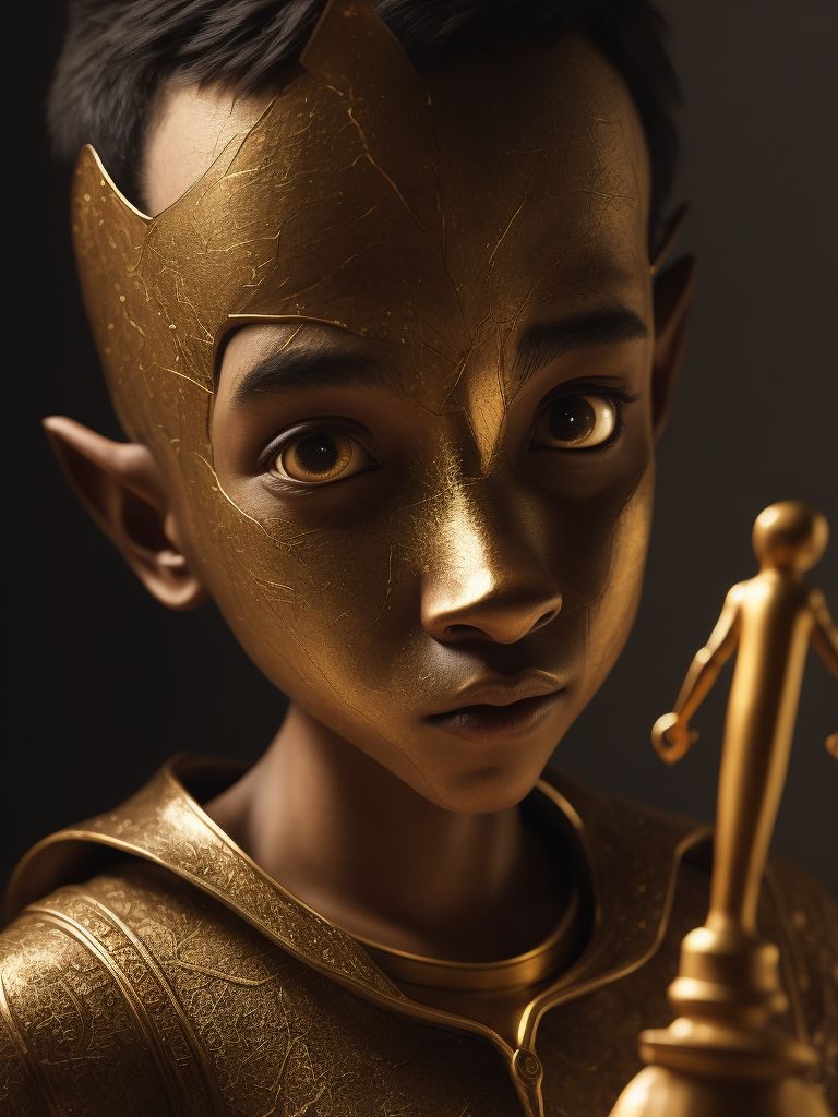 magical realism, Pinocchio reassembled using the ancient art of kintsugi, with gold-filled cracks and seams, intricate wooden carvings, inspired by the innocent gaze of Jacob Tremblay, the repaired figure conveying beauty through imperfection, directed by Hayao Miyazaki, masterful interplay of light and shadow highlighting the golden veins, by Jim Henson, earthy tones harmonizing with the gleaming gold, delicate balance of whimsy and wisdom in the scene, enchanting,