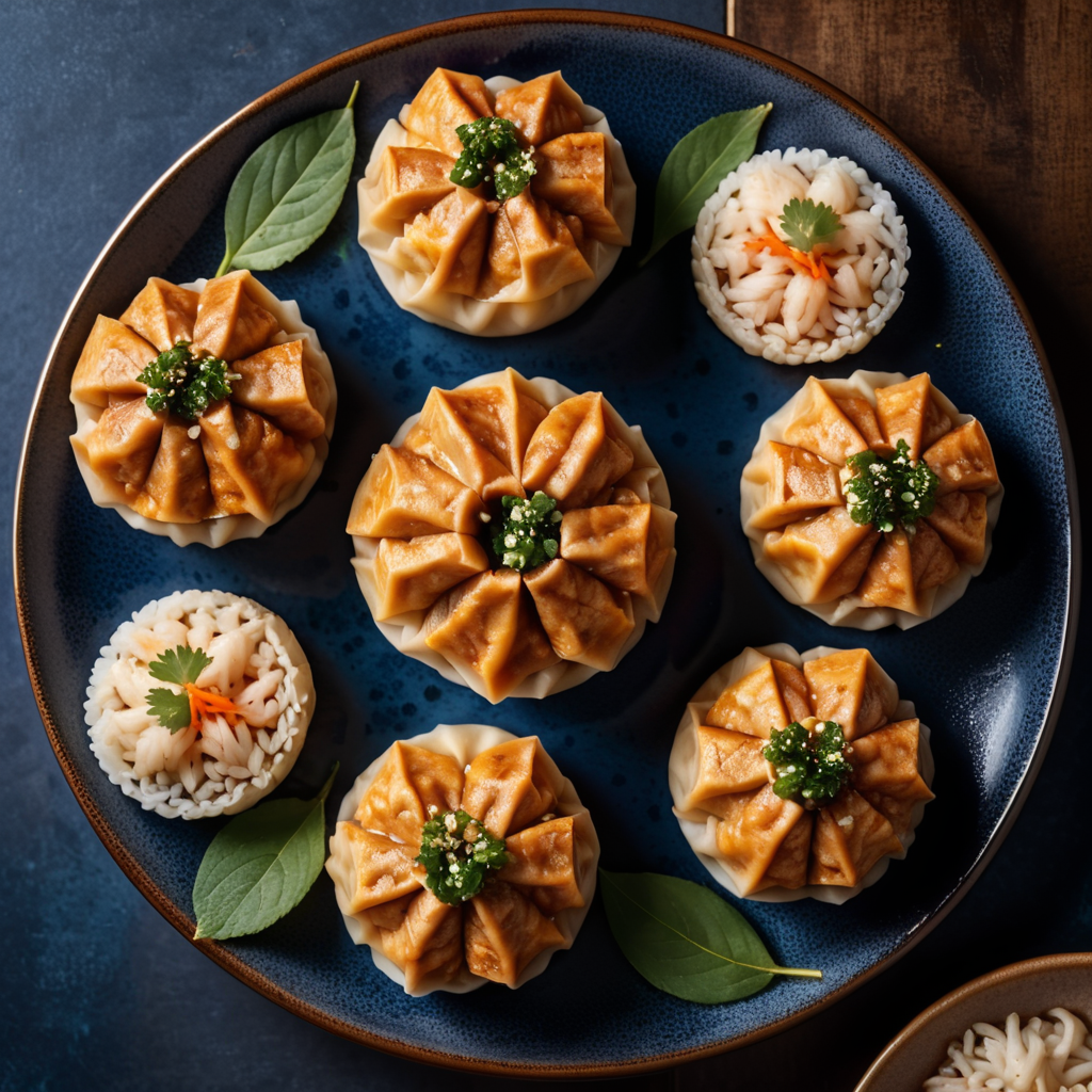 three chicken Shumai dumplings on a dark blue plate, top-down view