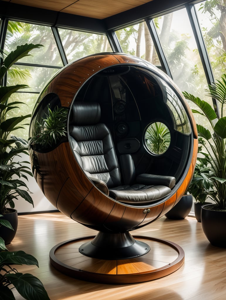 Futuristic sci-fi pod chair, flat design, product-view, exclusive photography, transparent orb, natural lighting, plants around, natural daytime lighting, natural wooden environment