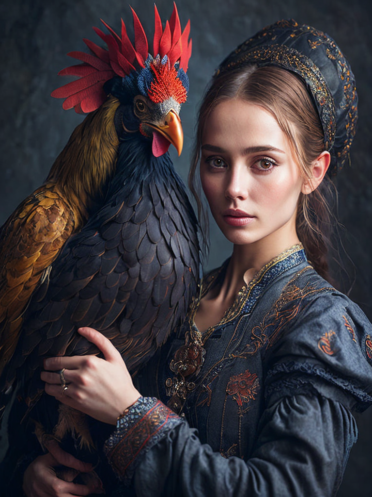 Portrait of a Beautiful women from Russian fairytale wearing traditional costume hugging a Rooster