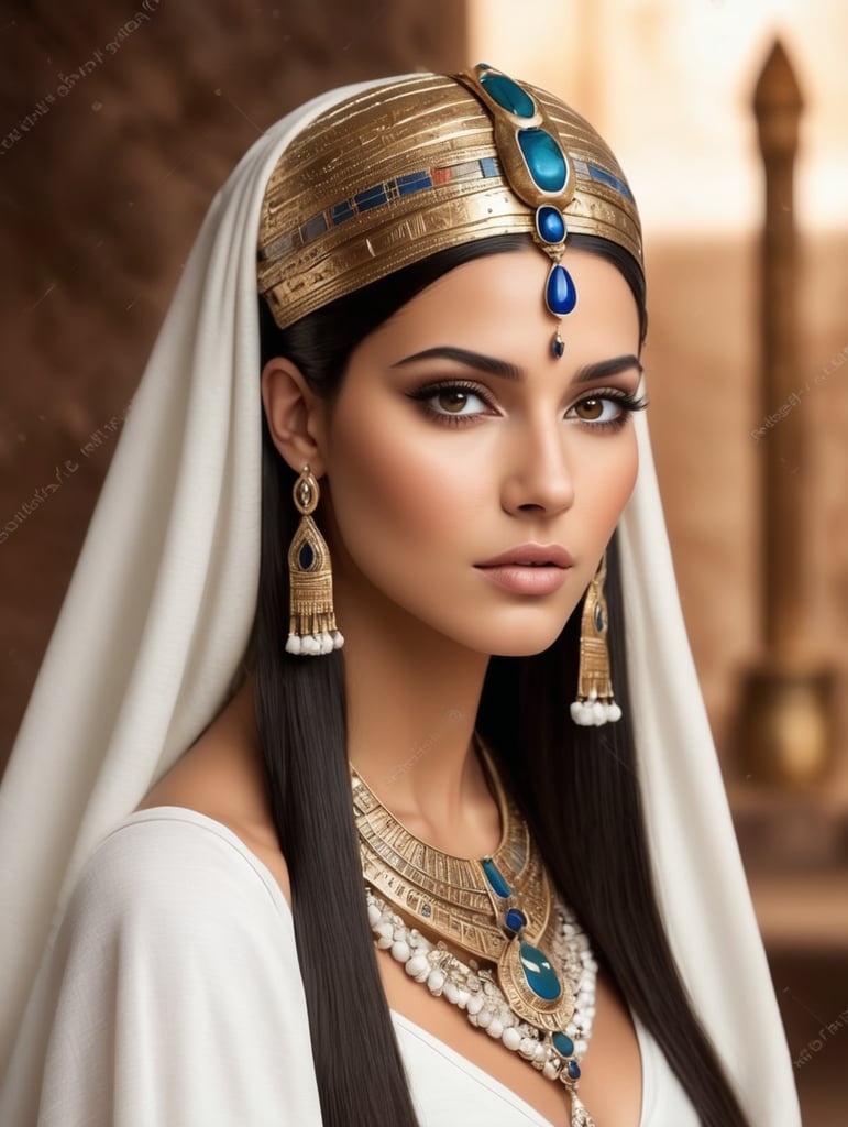 beautiful ancient egypt queen, dark hair, head accessories, brown eyes, white cloth, smooth hair