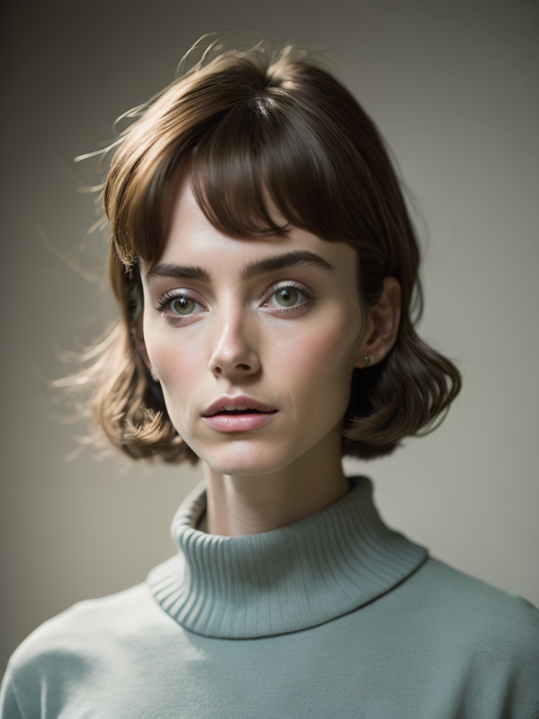 Portrait to the waist of twenty years old girl with green eyes in sweater tight-fitting figure, 1964 year, sixties, 1960's haircut, Britain culture, light and pastel colours, 8k, kodak film colour, 35mm lens, sharp focus