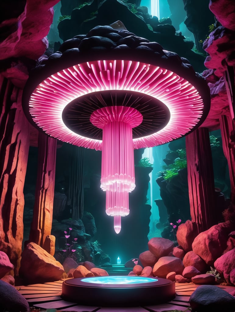 dark cave, luminescent mushrooms grow from below, stalagmites grow from above on the ceiling, on the background, in the middle on a natural pedestal there is a tablet, which exudes neon lighting, in which you can see a dashboard and a program for earning money - this is the main element of the composition, around it a small number of glowing pink crystals - symbolizing earnings, on the ceiling on the background hangs down the head of a flying mouse with wings spread out