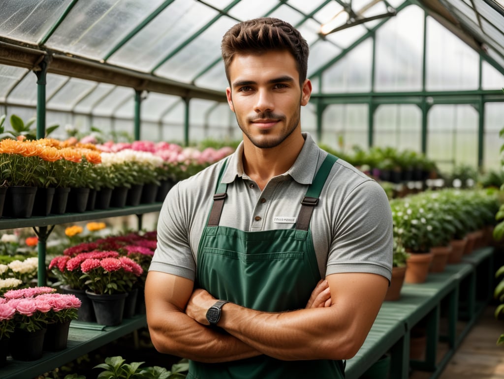 Realistic photography of a handsome young male florist gardener posing in greenhouse. Small business owner in flower shop