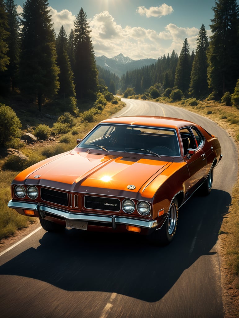 Photos of 70s cars, sideways, 70s feel, with sunshine