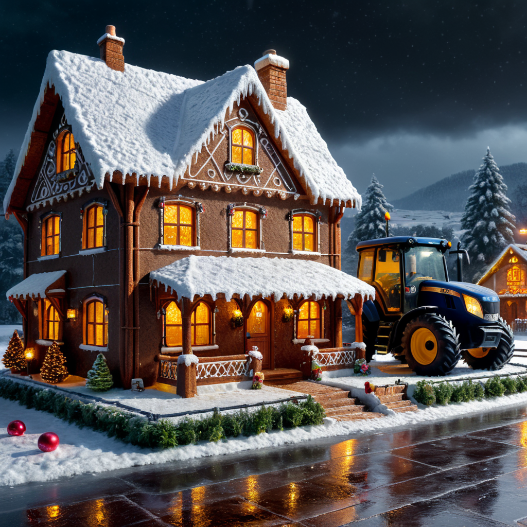 Small english style ginger bread house and a parked tractor outside. For sale sign. Snowing