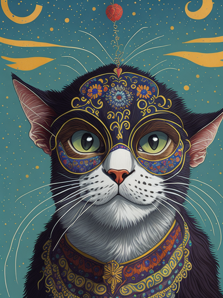 Envision a hyper-realistic, high-resolution image capturing a unique sight: a hippie cat with a beard. The cow is adorned with symbols of peace and love, its fur patterned with vibrant, psychedelic colors. A thick, shaggy beard hangs from its chin, adding to its unconventional appearance. The cat stands in a lush, green pasture under a clear blue sky, embodying the free-spirited ethos of the hippie movement. The colors should be a mix of the natural hues of the cow and the pasture, contrasted with the vibrant colors of the hippie symbols. The composition should be a mid-shot, focusing on the cat and its unique features.