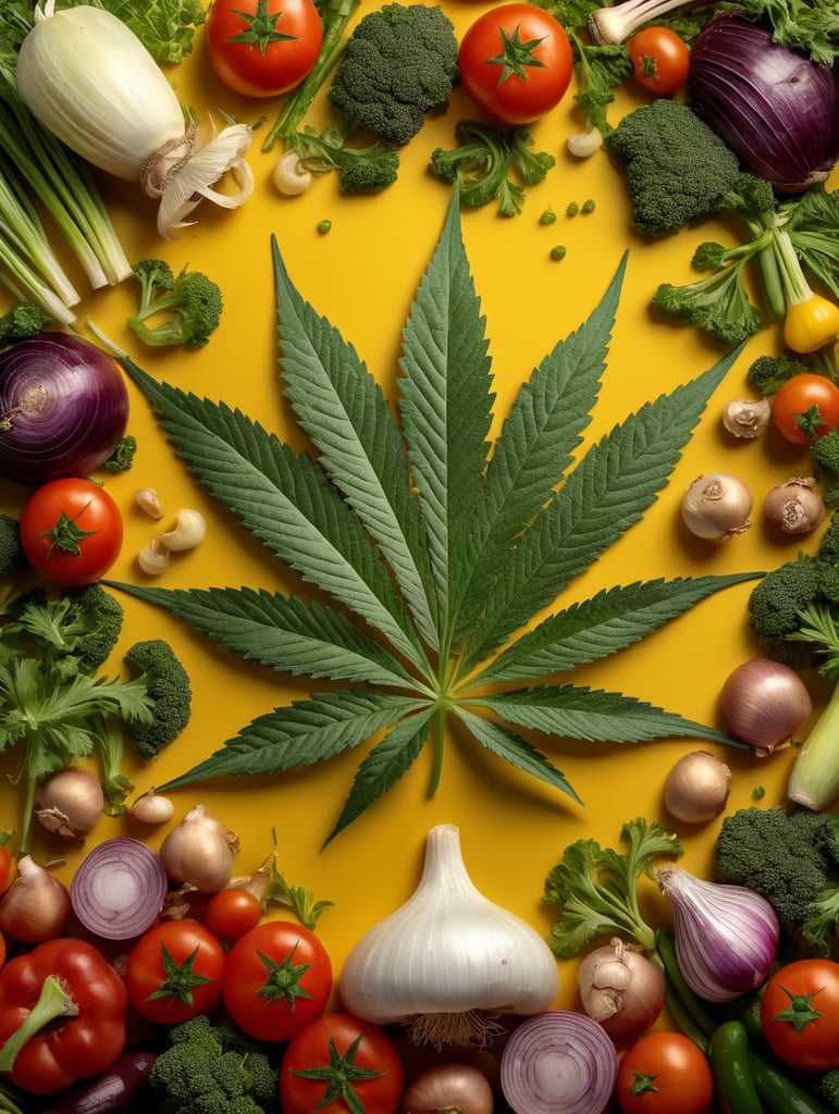 Photorealistic cannabis leaf surrounded by vegetables including garlic, mushrooms, and onions on an all over vivd yellow background