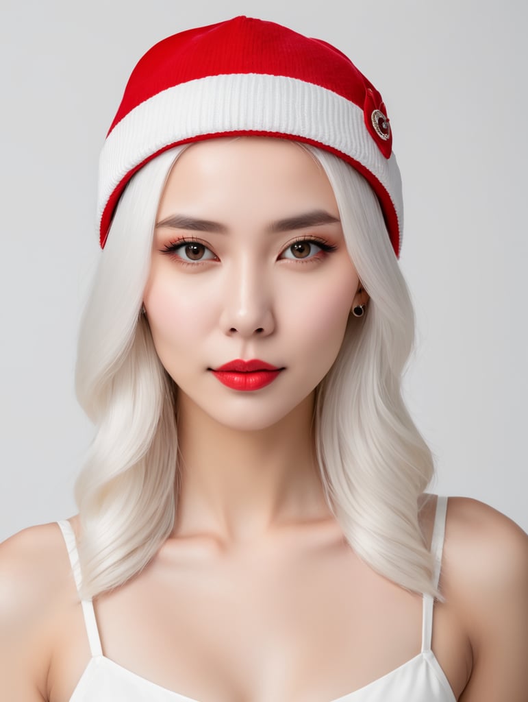 a young women with white hair and red hat on his head is wearing a white lacket, isolated, white background