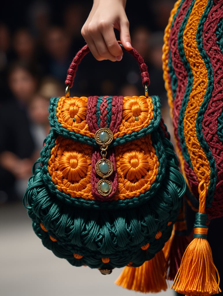 a closeup photo of a small puffy macrame purse made with puffy cords, vogue fashion show, autumn colors