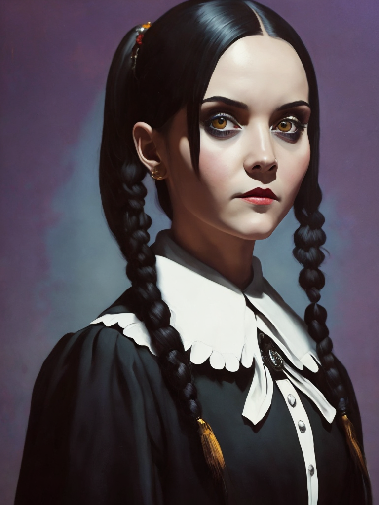 Detailed paint of wednesday addams, highly detailed painting by ray donley, royal painting, dynamic lighting, colorful lighting