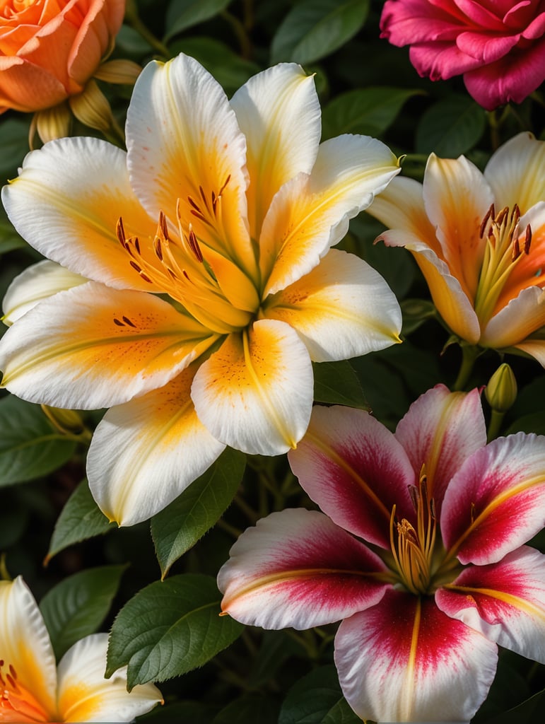 create a vivid colorful a4 size cover page for coloring book on flowers. white background many colorful flowers make the cover bright and vivid where the flowers are overlapping each other, include roses lily's and other flowers on the cover page make the colours bright in two tone and let the colours pop