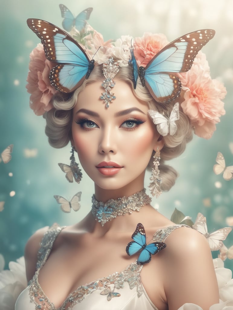 Butterfly women, cabaret imagine style portrait of a goddess, professional photo, 4k, high detail, 30mm lens, aesthetic ,flower, muted colors, cinematic style