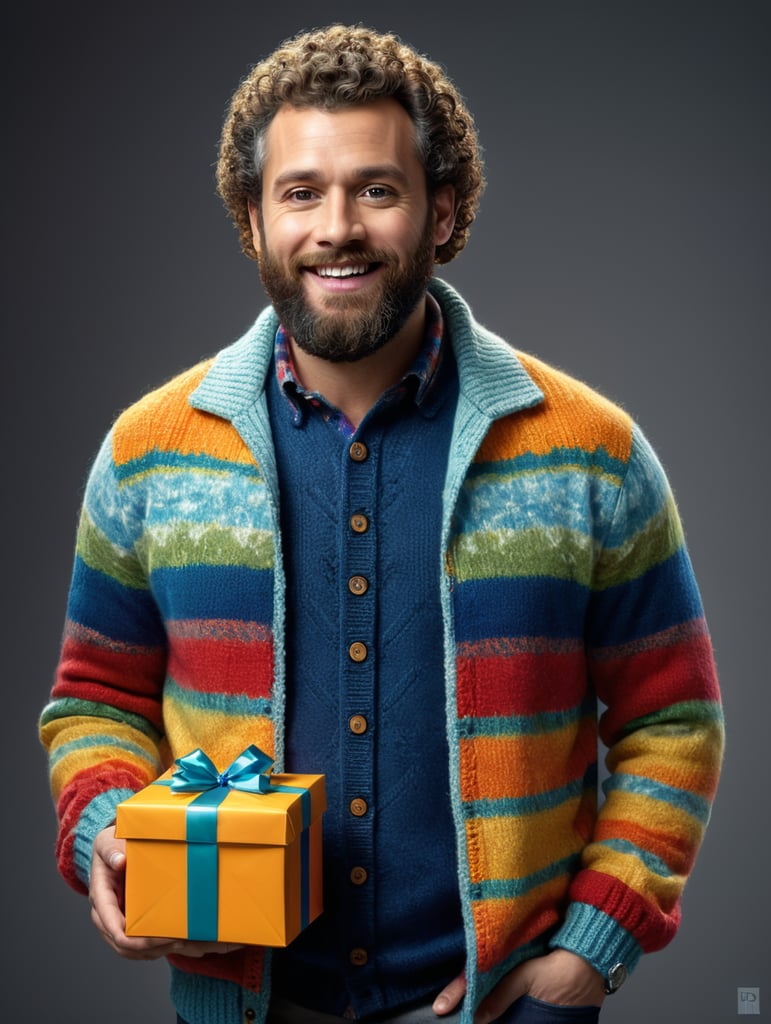 portrait of a bearded curly man wearing coloured knitted jacket, stands front camera with gift box his hand, happy birthday images, spring time