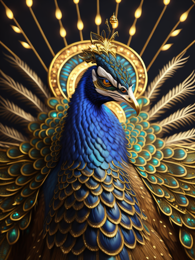 Magical king peacock wearing expensive jewelry that is magnificent, incredibly detailed, intricate, with brilliant bright shimmering sparkling glittering diamonds on glowing shining precious luminous gold, Royal rich luxurious