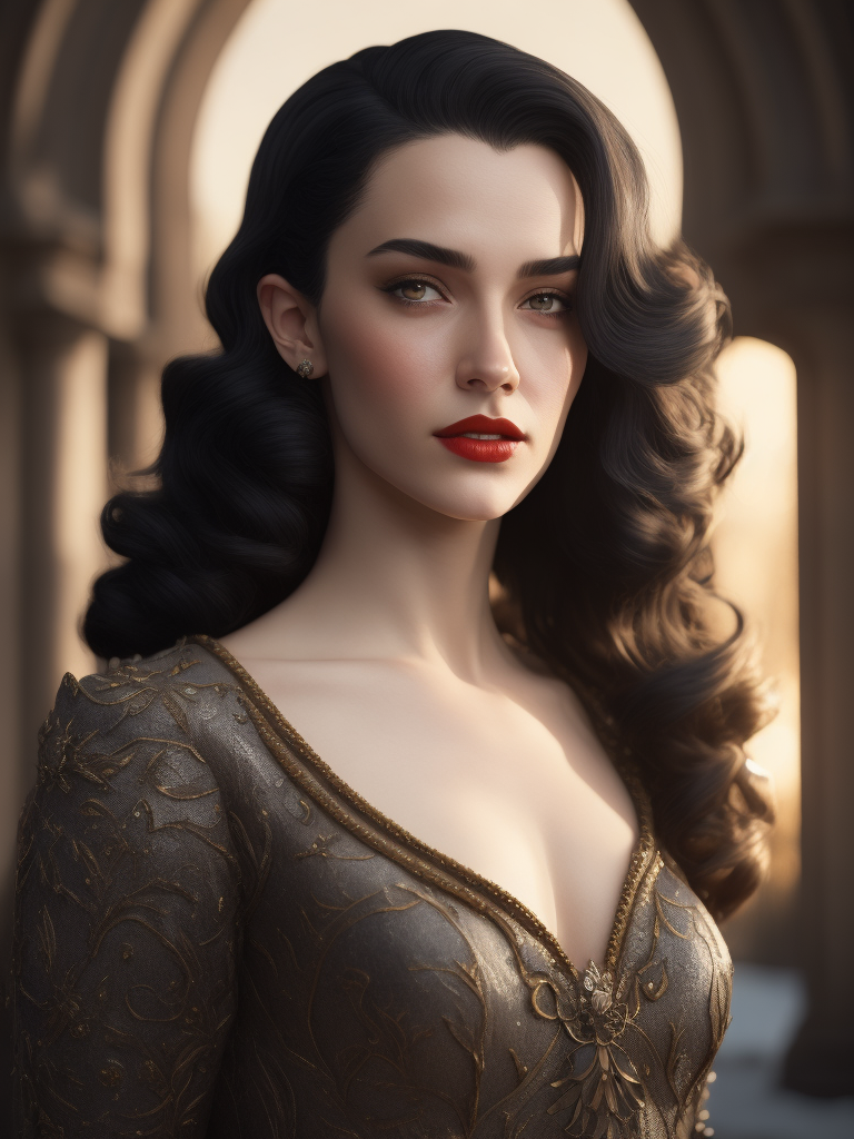 Beautiful young woman, princess, very pale, curly black hair and dark eyes, Snow White, 1930s style.
