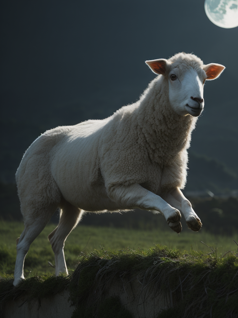Photo realistic young sheep jumping over a fence in a field behind a house at night with a bright moon