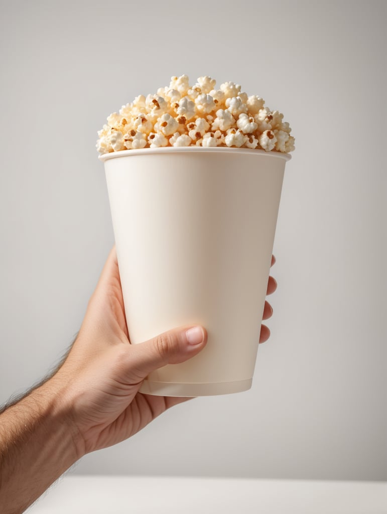 A cartoon hand is holding a popcorn cup, cartoon, 3d render, soft light, white background, mockup, mock up