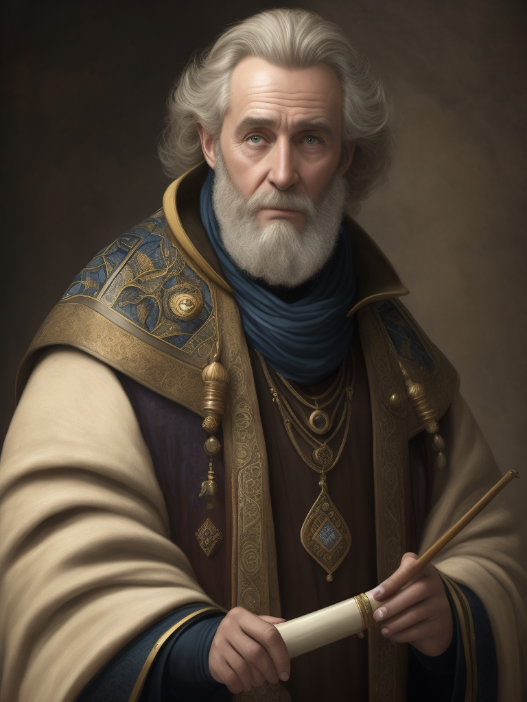 Portrait of a scientist in the 1400s, Afanasy Nikitin, fair-haired curly beard, blond hair, age 60, dressed in a painted caftan, holding a spyglass