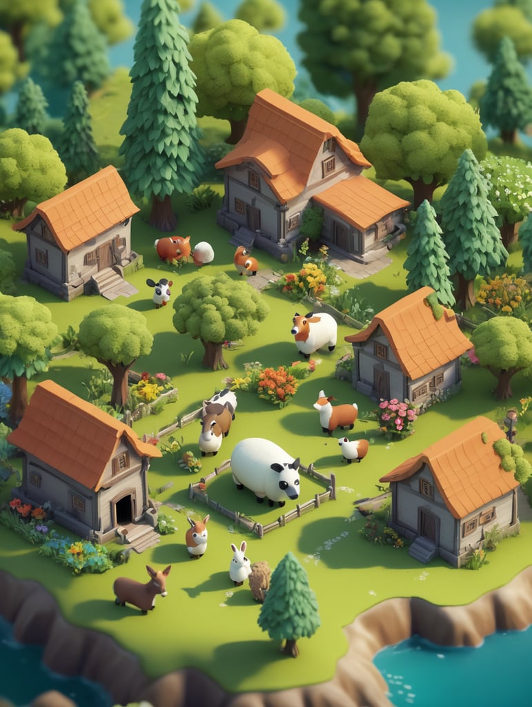 Detailed 3d farm island, fluffy trees, animals, working people, cute creatures, gathering place, flowers, game art style, 3d model, blender modeling, stylized, isometric, tinye style, cute, postcard style, miniatures