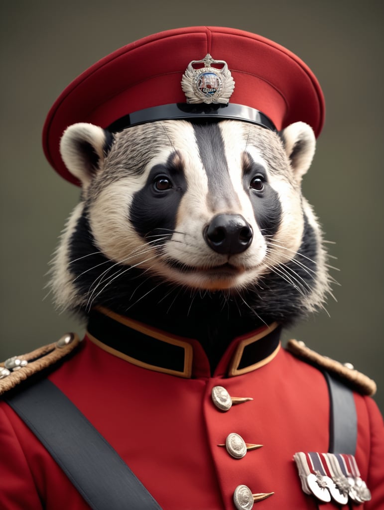 A portrait of a eurasian badger in a red nineteenth century British Army Brigadier uniform