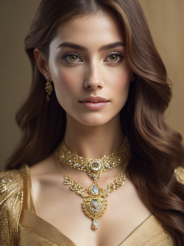 Beautiful portrait of an attractive princess, sparkling hazel green eyes, highlighted chestnut brown long straight hair, adorned in intricate golden jewelry, exotic beauty, highly detailed, digital painting, sharp focus