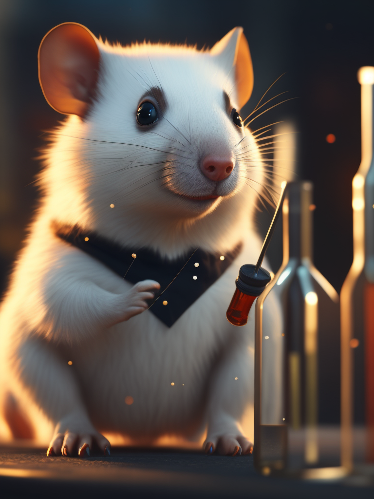 A 3d render of a cute fuzzy pet rat dressed in a white lab coat mixing test tubes of chemicals in a chemistry lab, bokeh, canon 50mm, cinematic lighting, volumetric light, octane, octane render, redshift render